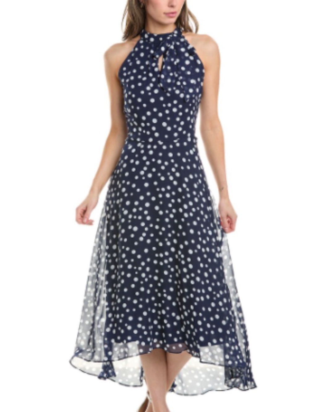 Tahari NEW Navy Blue & White Polka Dot Retro Chiffon High Low Midi Dress Size 14